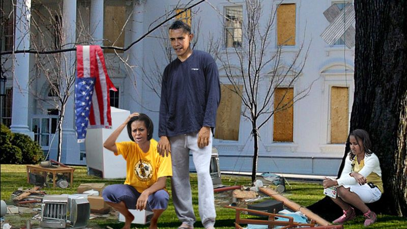 The Obamas survey the devastation wearing only the clothes they had time to take before the storm struck.